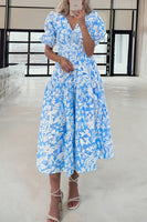 Sky Blue Floral Print Deep V Neck Puff Sleeve Flowy Dress