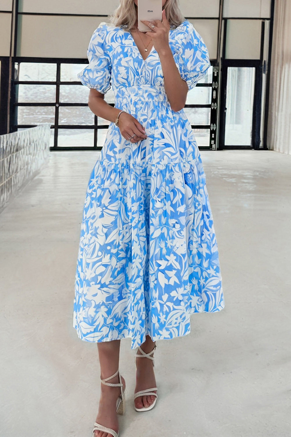 Sky Blue Floral Print Deep V Neck Puff Sleeve Flowy Dress