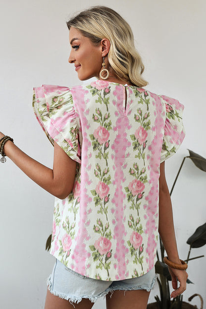 Pink Floral Print Layered Ruffle Sleeve Summer Top