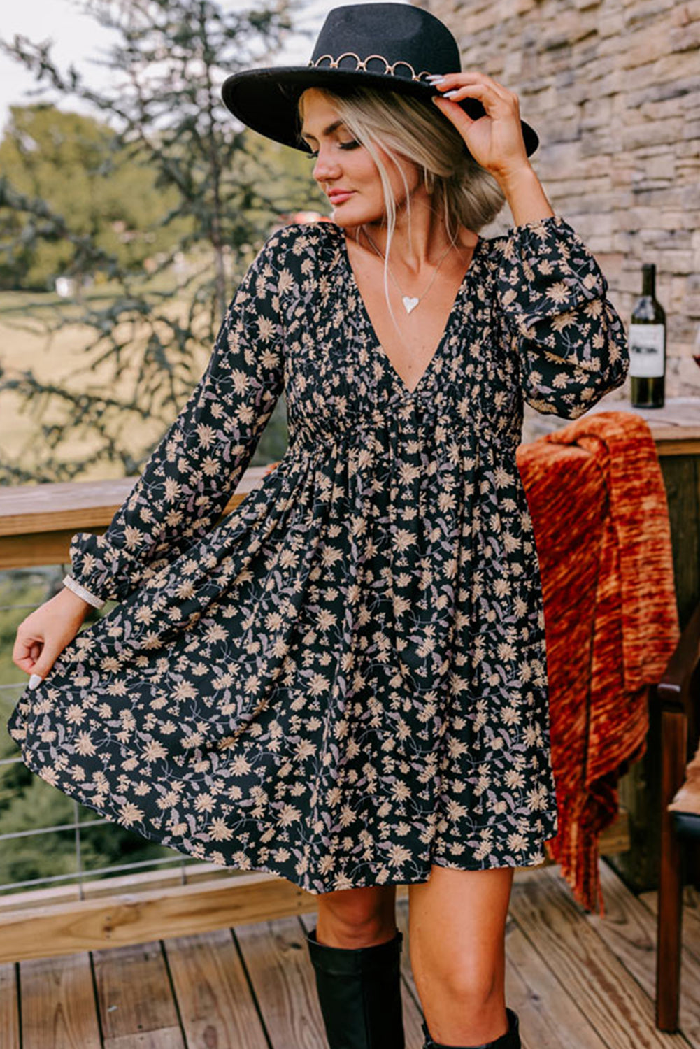 Black Floral Smocked V Neck Bubble Sleeve Babydoll Dress