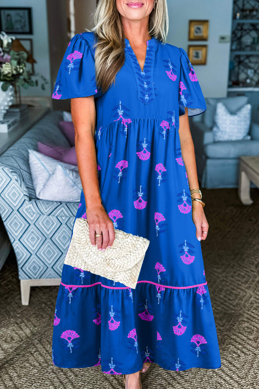 Blue Floral Print Notched Neck Flounce Sleeve Maxi Dress