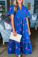 Blue Floral Print Notched Neck Flounce Sleeve Maxi Dress