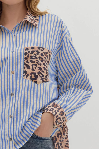 Sky Blue Leopard and Striped Patchwork Button Shirt