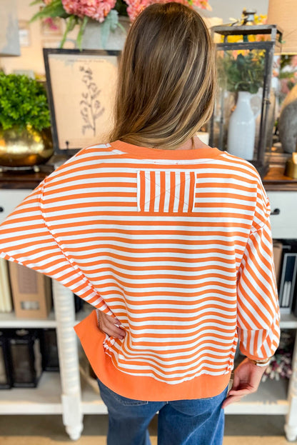 Orange Stripe Exposed Seam Drop Shoulder Long Sleeve Top