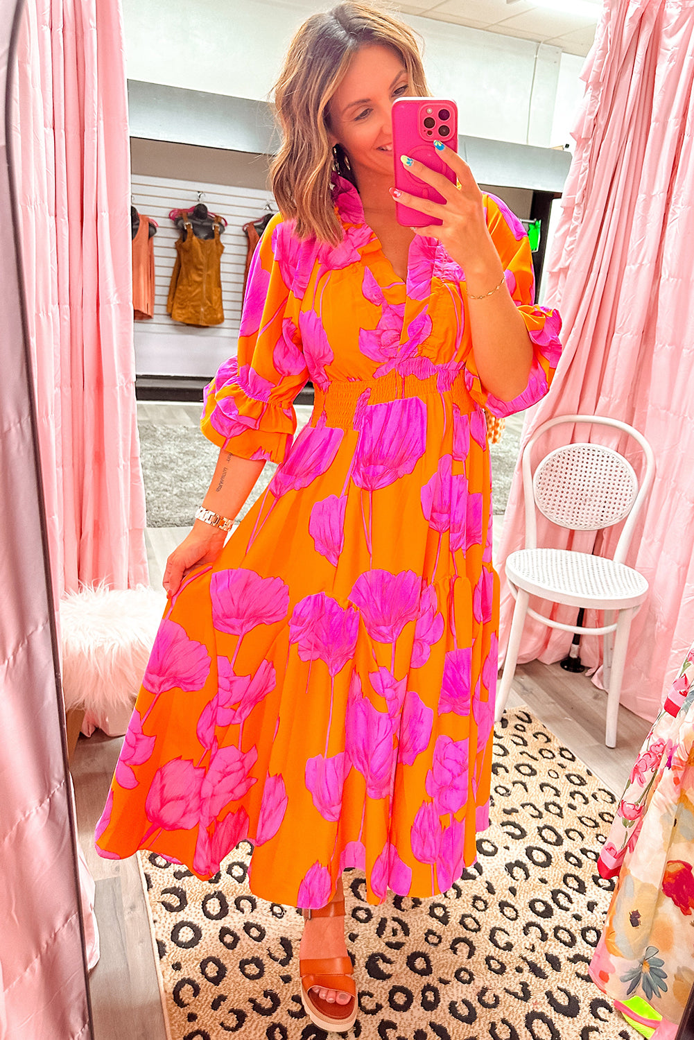 Orange Floral Print Frill Smocked V Neck 3/4 Sleeve Maxi Dress