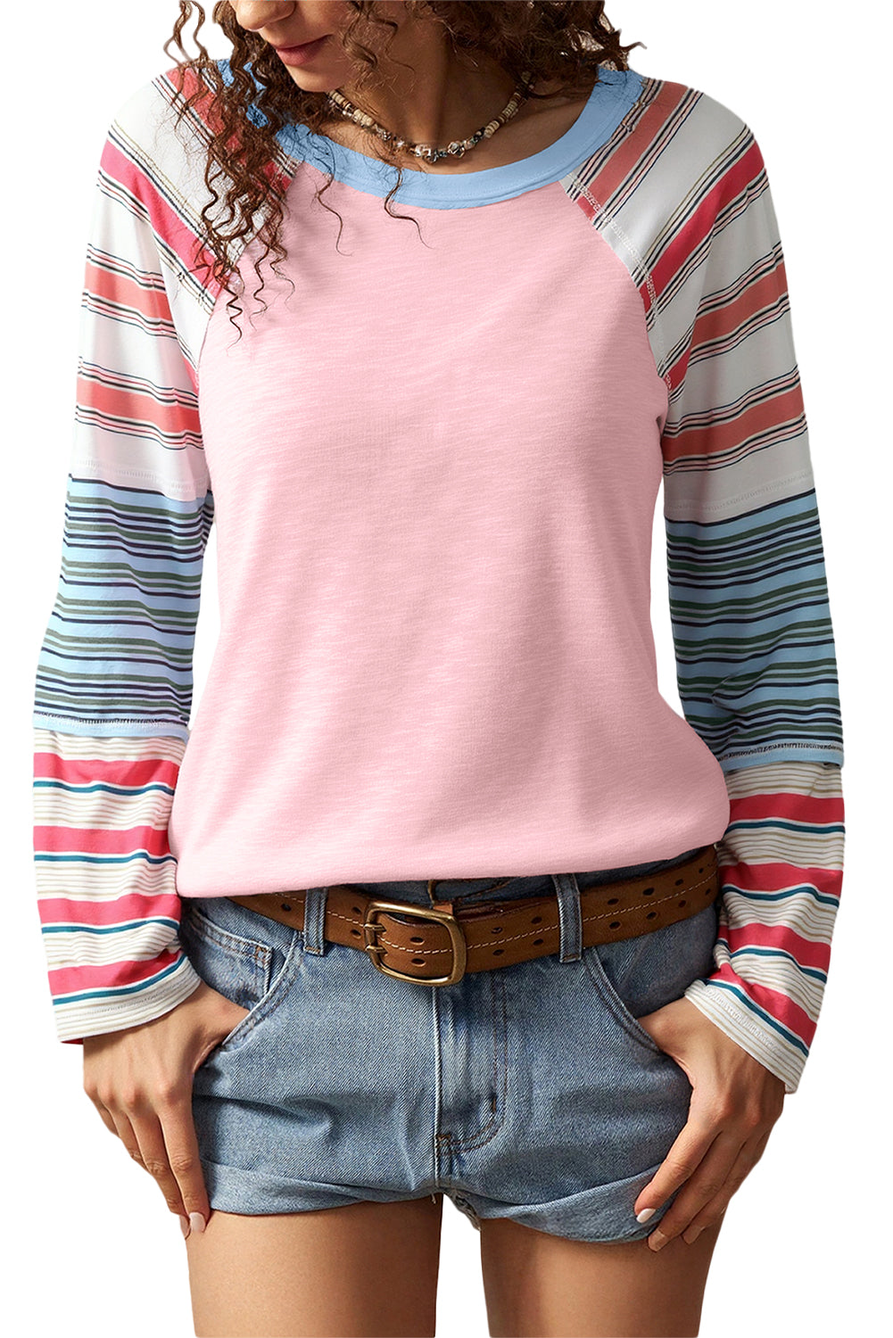 Pink Striped Colorblock Long Sleeve Top