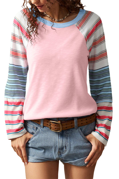Pink Striped Colorblock Long Sleeve Top