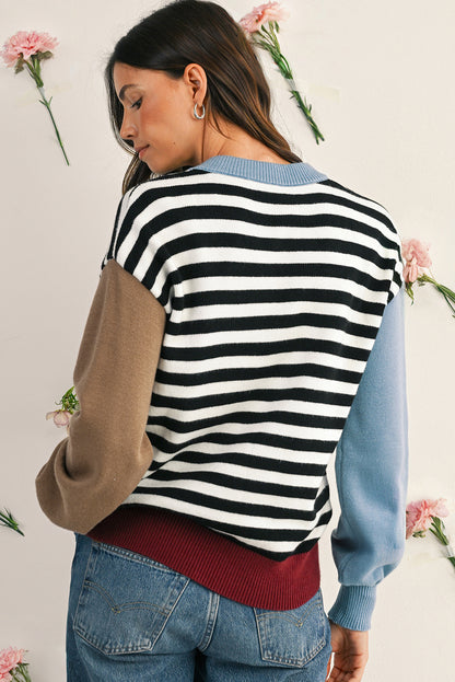 Black Striped Colorblock Patchwork Long Sleeve Sweater