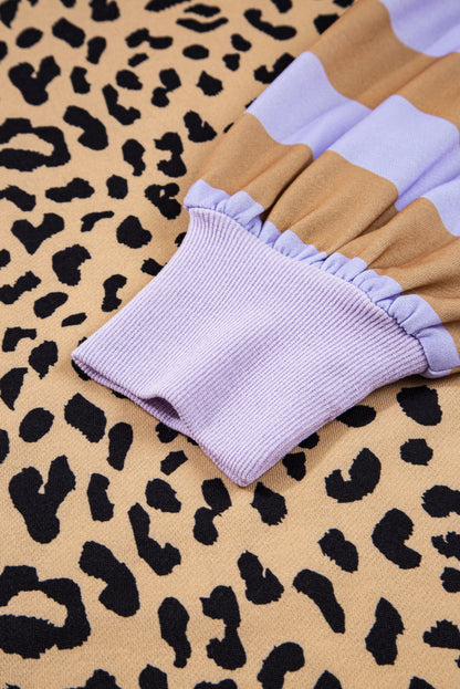 Purple Striped Leopard Colorblock Side Slits Sweatshirt