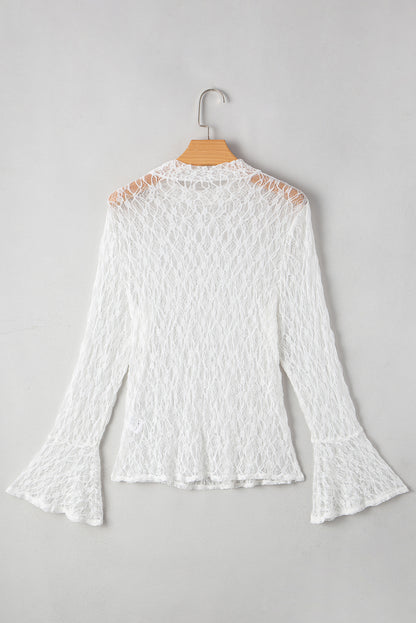 White Sheer Lace Bell Sleeve Mock Neck Blouse