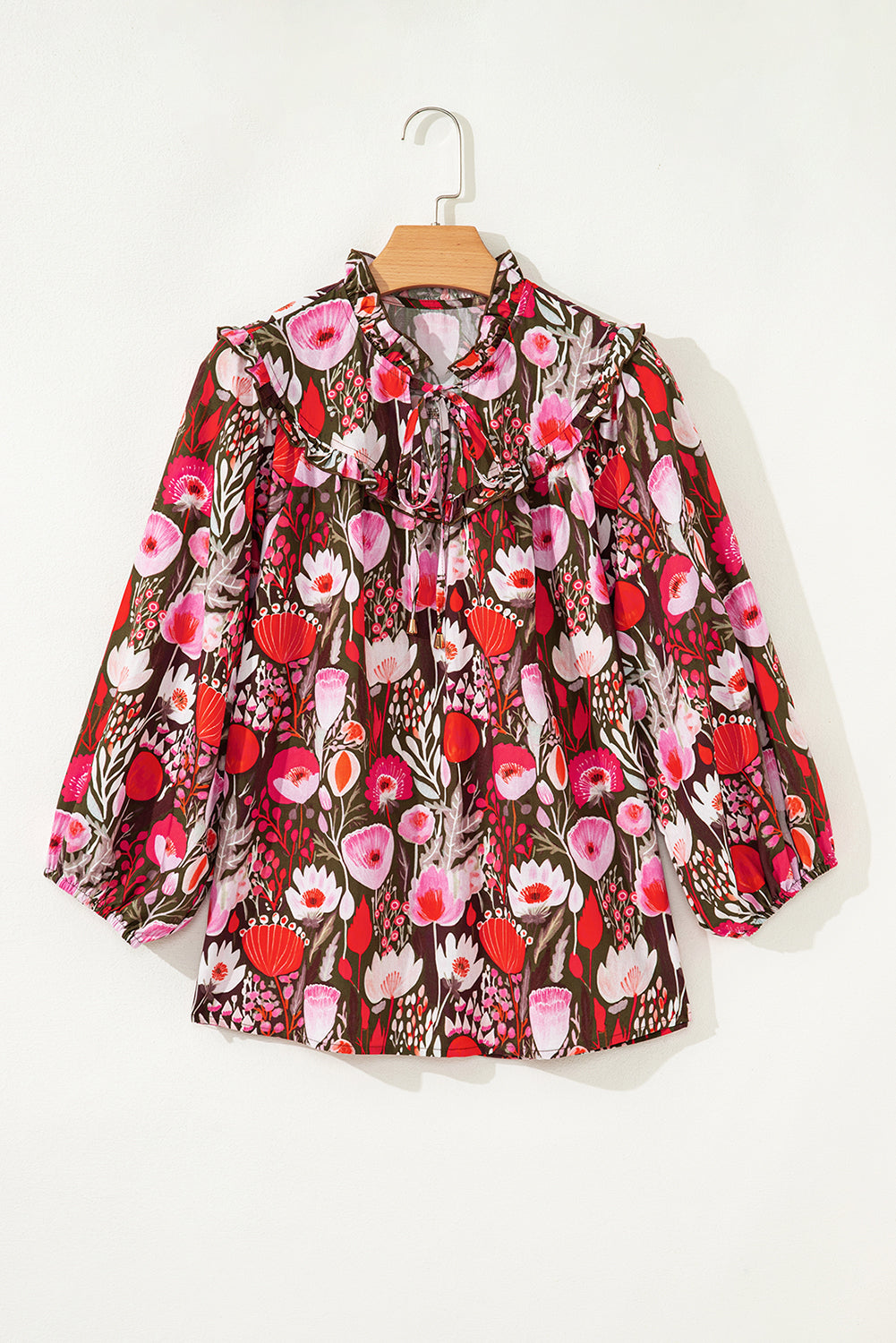 Red Floral 3/4 Sleeve Lace-up Neck Blouse