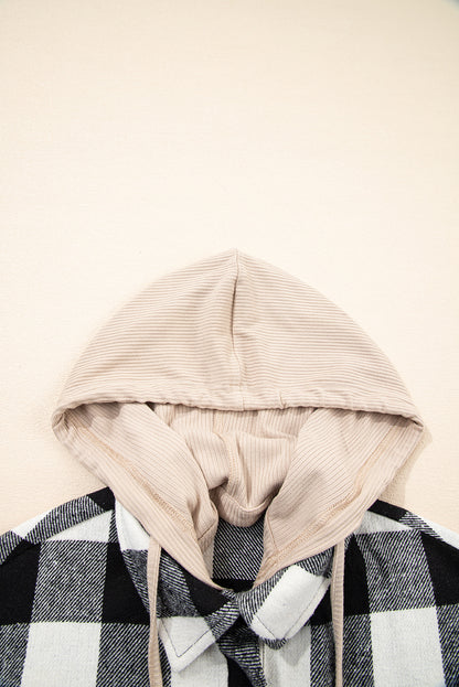 Black Plaid Patchwork Drawstring Hooded Raw Hem Shacket