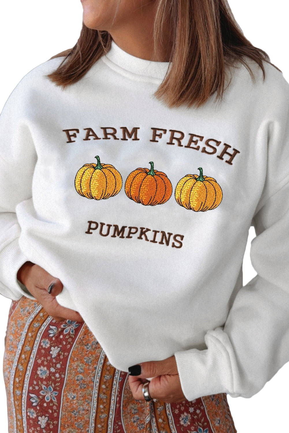 White FARM FRESH PUMPKINS Embroidered Festival Sweatshirt