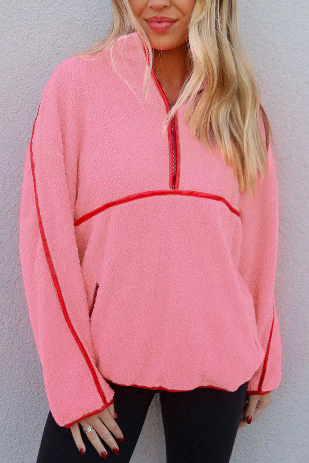 Strawberry Pink Long Sleeve Kangaroo Pocket Sweatshirt