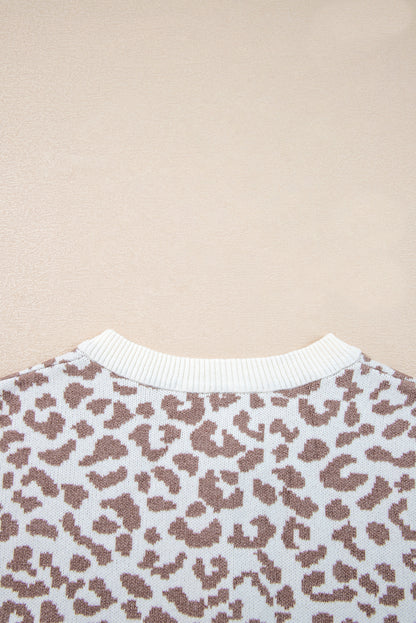 Khaki Leopard Drop Shoulder Knitted Cardigan