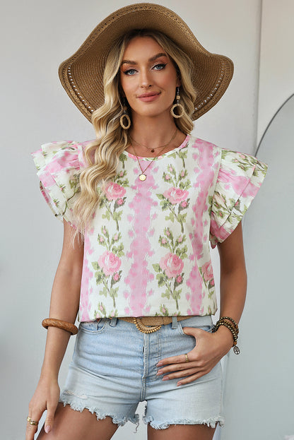 Pink Floral Print Layered Ruffle Sleeve Summer Top