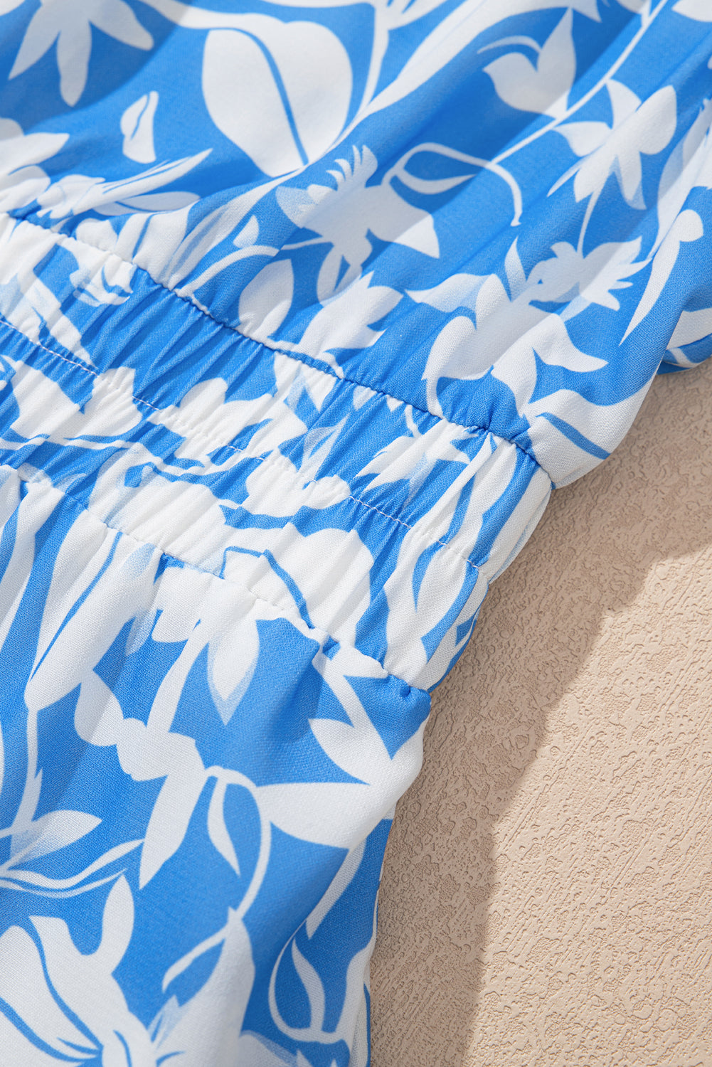 Sky Blue Floral Print Deep V Neck Puff Sleeve Flowy Dress