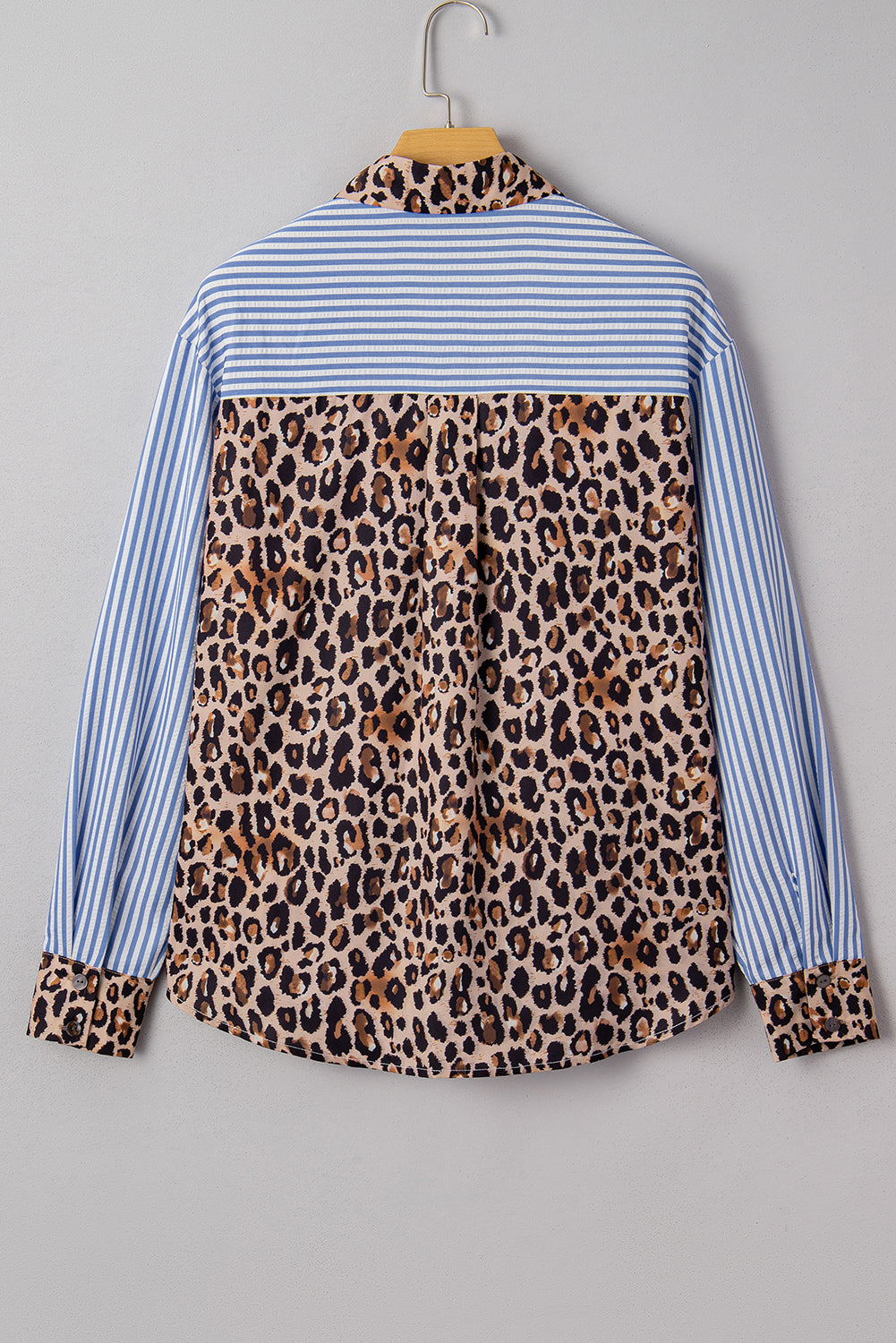 Sky Blue Leopard and Striped Patchwork Button Shirt