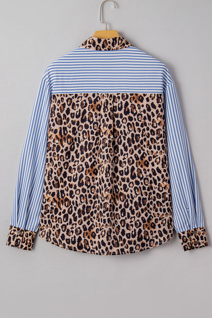 Sky Blue Leopard and Striped Patchwork Button Shirt