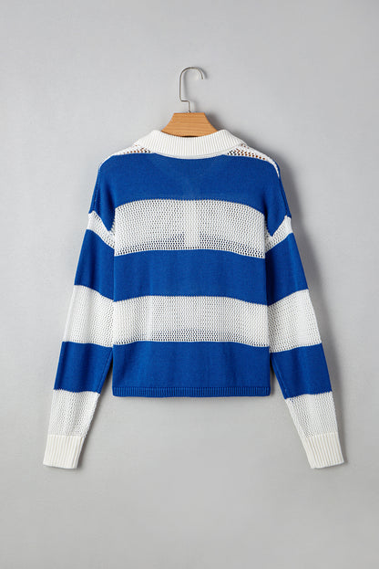 Blue Stripe Colorblock Polo Collar Eyelet Crochet Knit Sweater