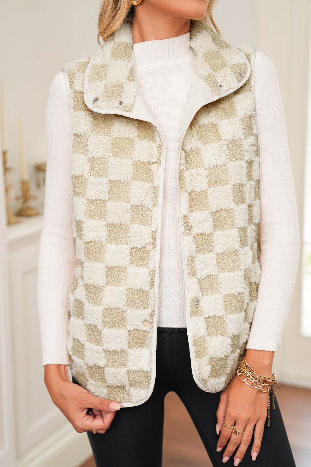 Khaki Sherpa Checkerboard Snap Button Vest Jacket
