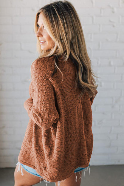 Redwood Burl Mix Pattern Hollow Knit Open Front Cardigan