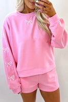 Sachet Pink Bow Embroidery Long Sleeve Pullover and High Waist Shorts Set