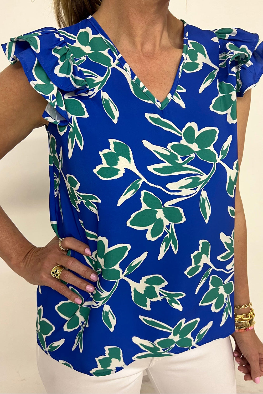 Blue V Neck Floral Print Ruffle Short Sleeve Blouse