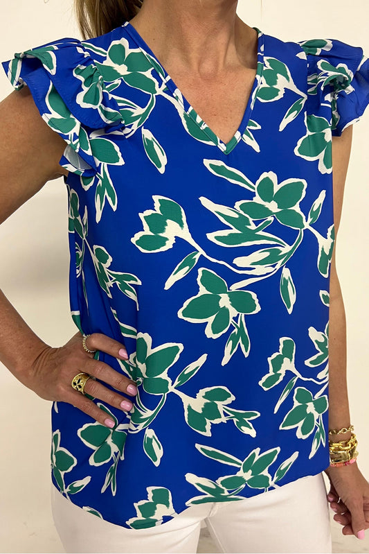 Blue V Neck Floral Print Ruffle Short Sleeve Blouse