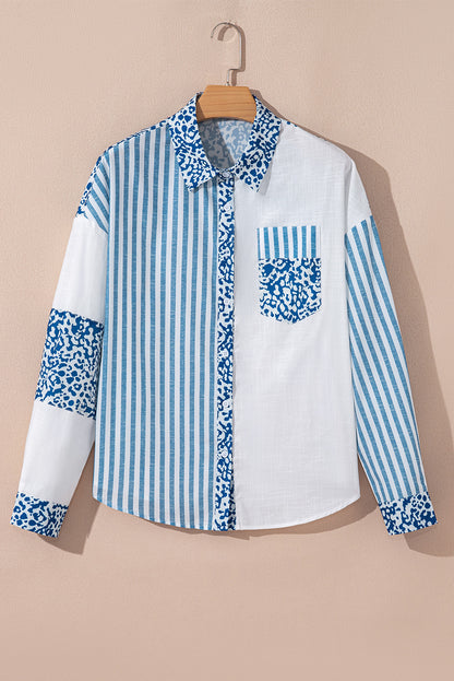 Sky Blue Leopard Striped Patchwork Button-up Shirt