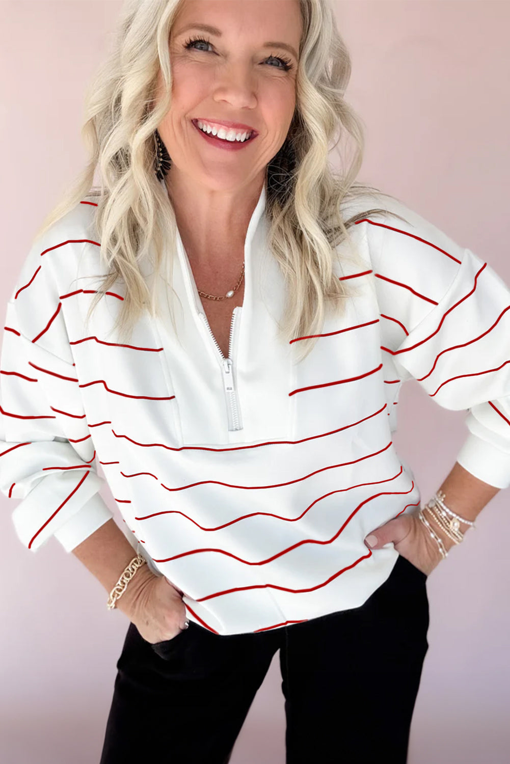 Fiery Red Striped Zipper V-Neck Drop Sleeve Top