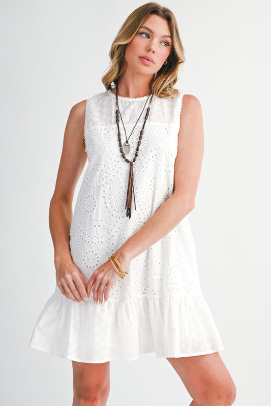 White Floral Eyelet Embroidered Sleeveless Shift Dress