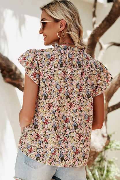 Red Boho Floral Frilled Button Neck Ruffle Short Sleeve Blouse