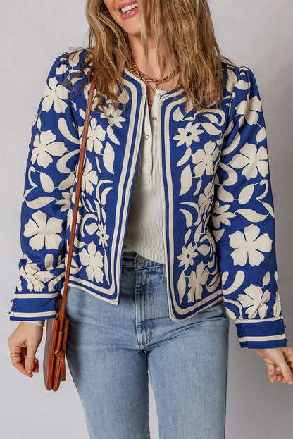 Blue Flower Print Open Front Buttoned Cuffs Jacket