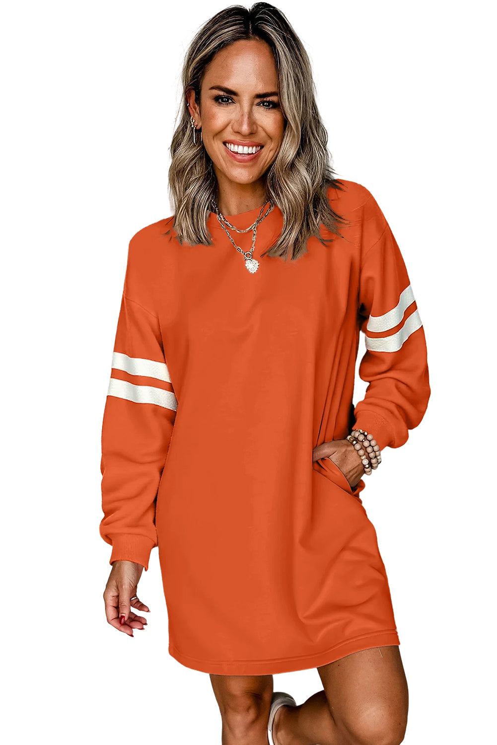 Orange Preppy Striped Sleeve Loose Mini Dress