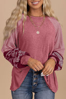 Mineral Red Contrast Print Striped Raglan Long Sleeve Loose Top