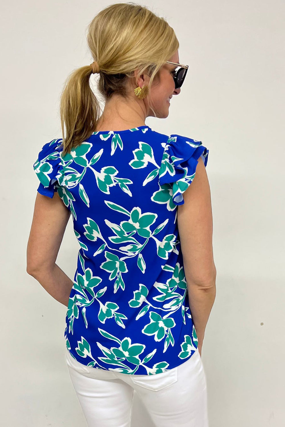 Blue V Neck Floral Print Ruffle Short Sleeve Blouse