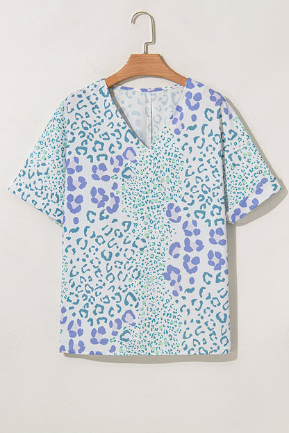 Sky Blue Leopard Print V Neck Short Sleeve Blouse