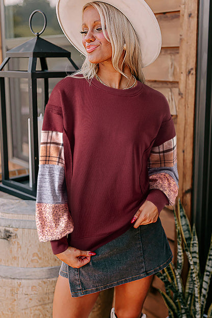 Red Sandalwood Plaid Patchwork Sleeve Raw Seam Sweatshirt
