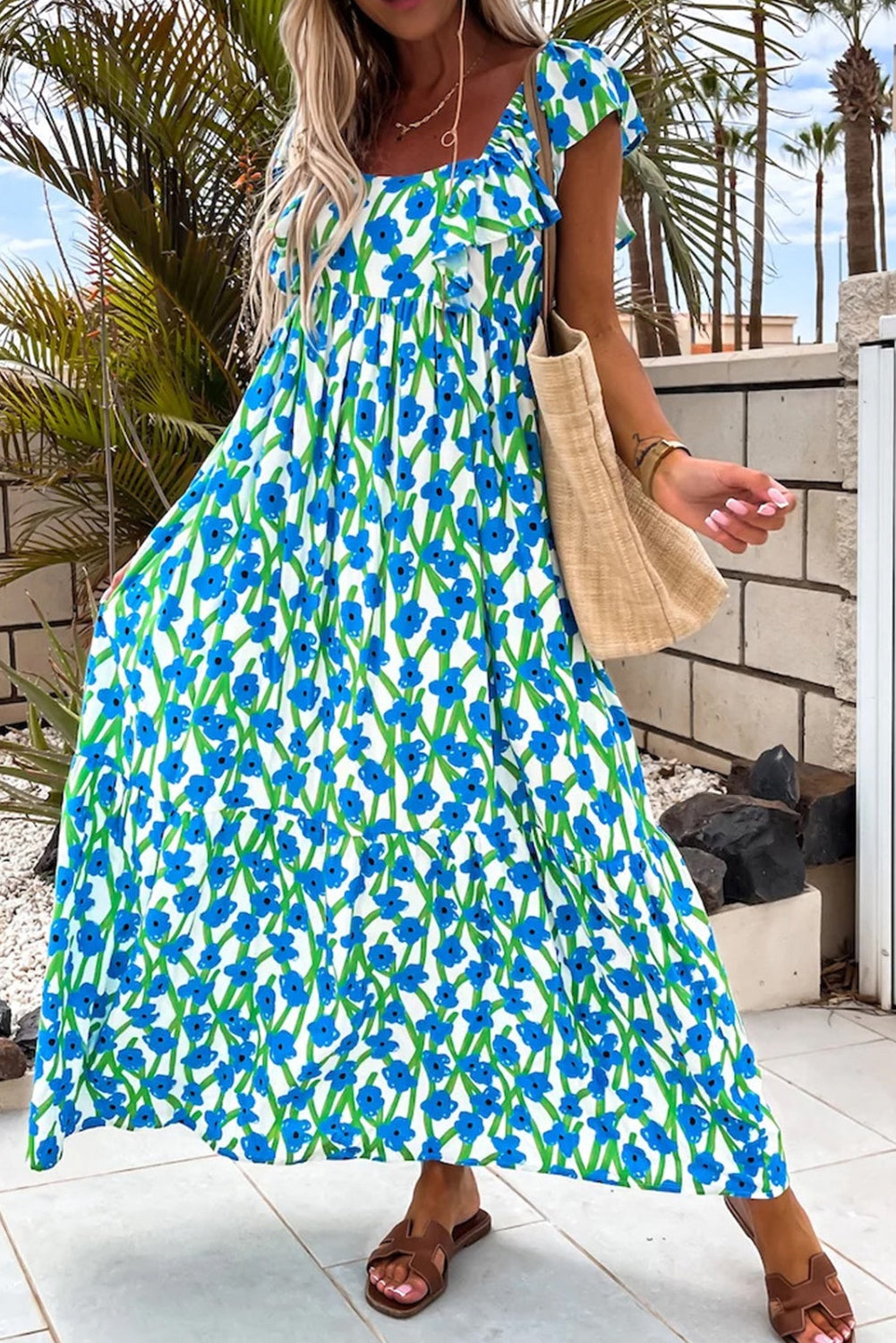 Blue Floral Print Square Neck Ruffled Strap Maxi Dress