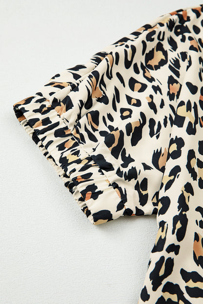 Khaki Pop of Color Neckline Loose Fit Leopard Print Blouse