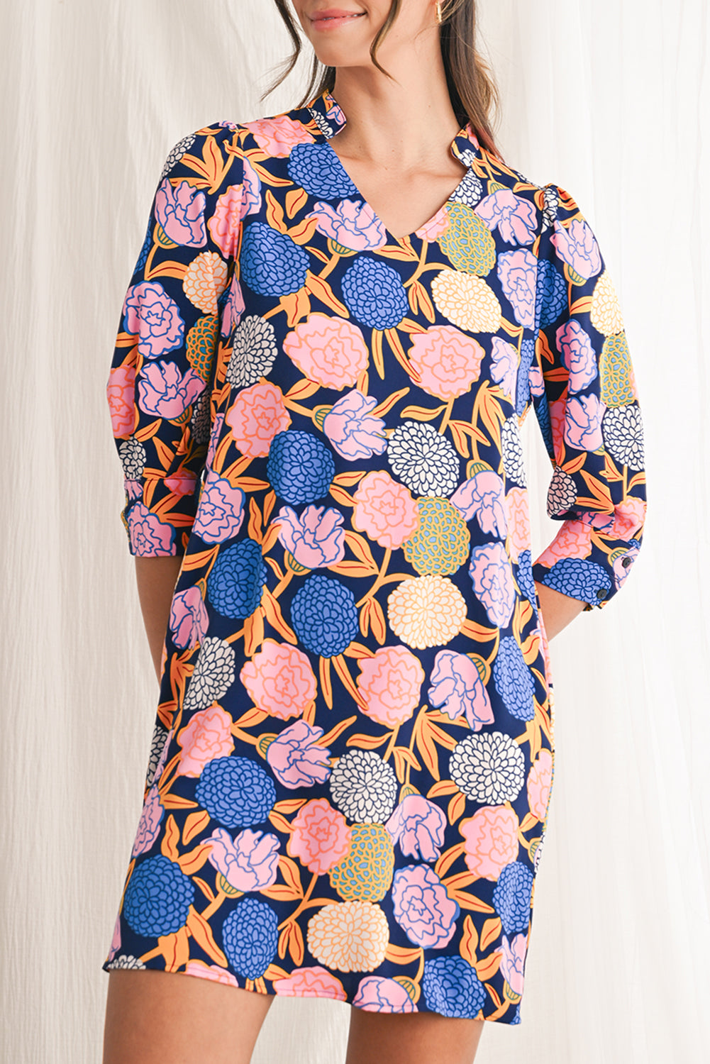 Navy Blue Hydrangea Floral V Neck Puff Sleeve Dress