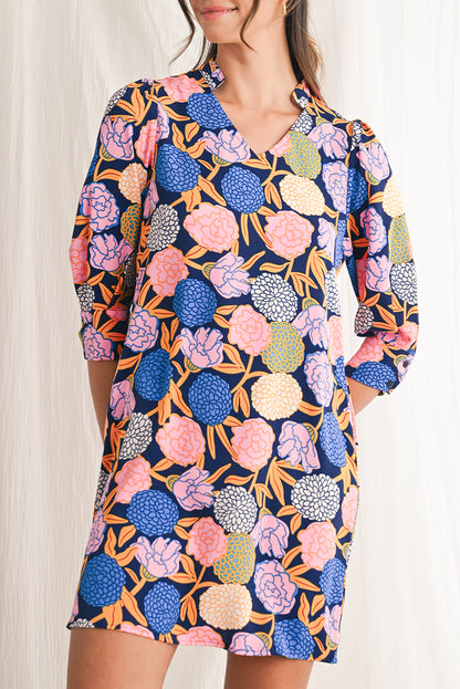 Navy Blue Hydrangea Floral V Neck Puff Sleeve Dress