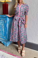 Pink Boho Floral Shirred Short Sleeve Belted Dress