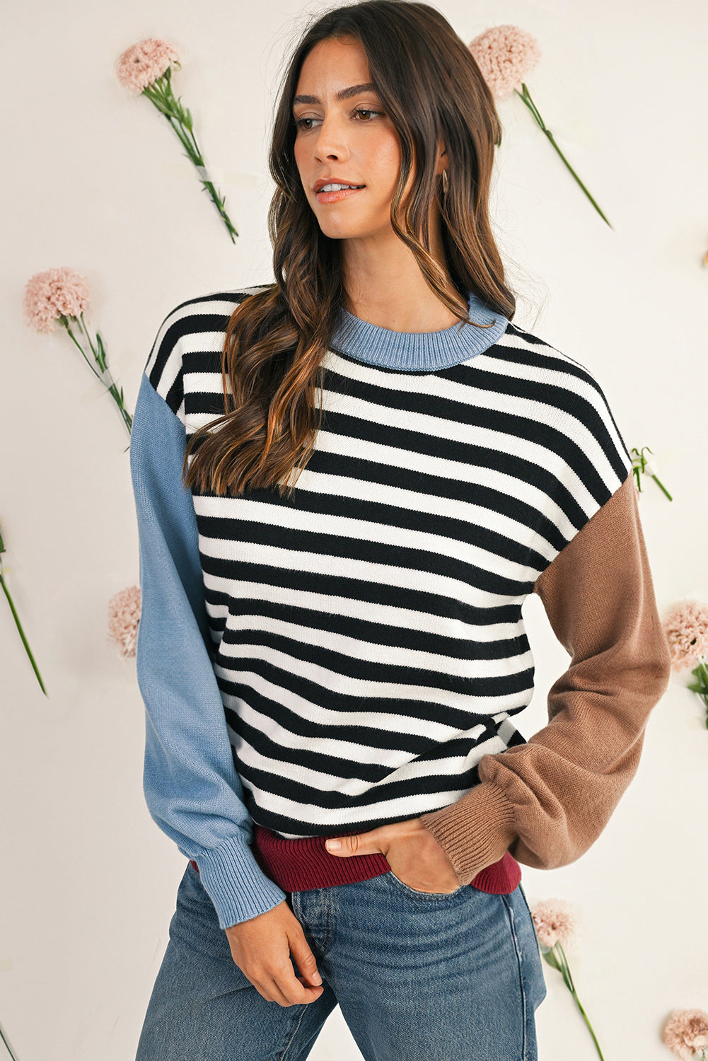 Black Striped Colorblock Patchwork Long Sleeve Sweater