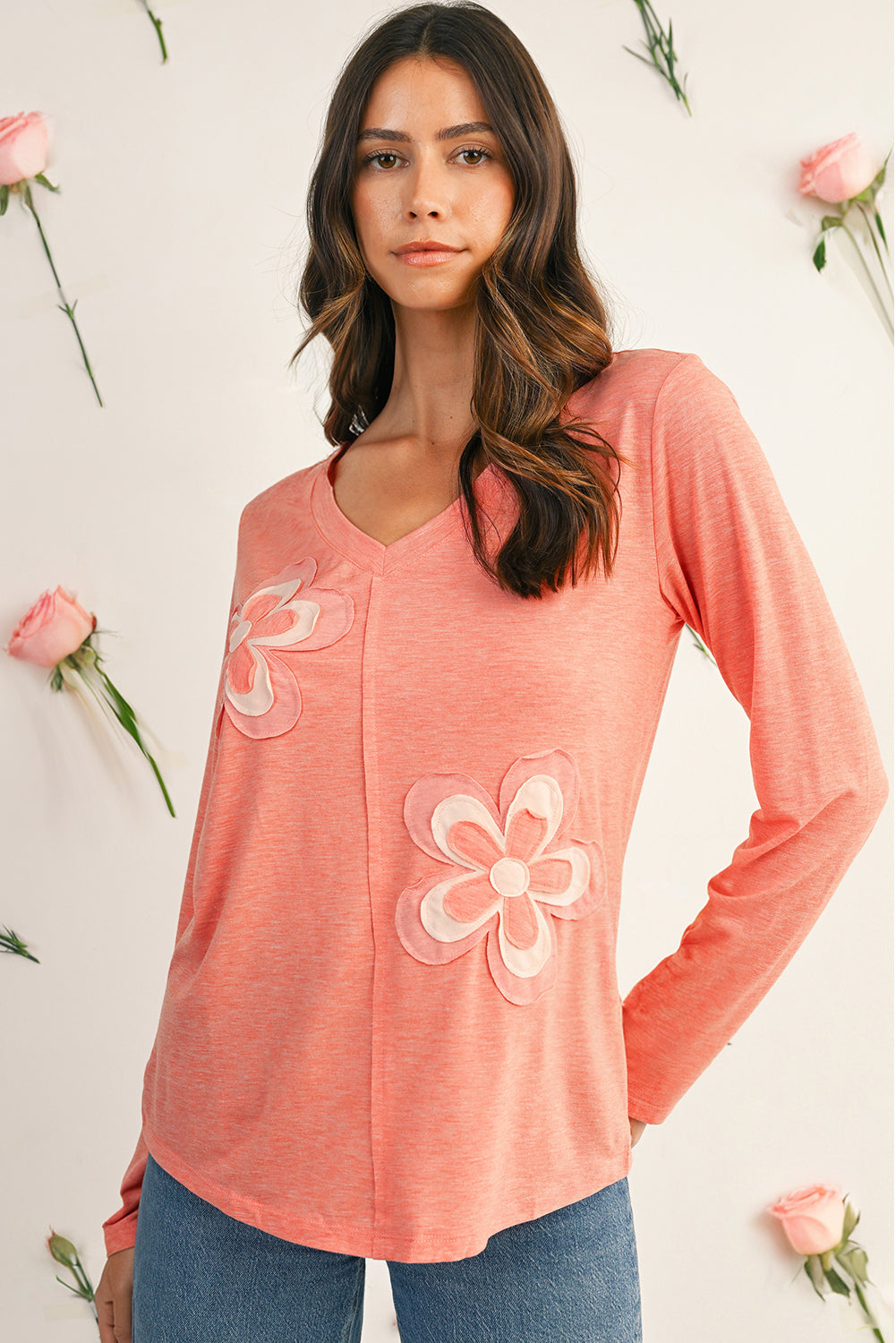 Fresh Salmon Floral Patched V Neck Long Sleeve Top