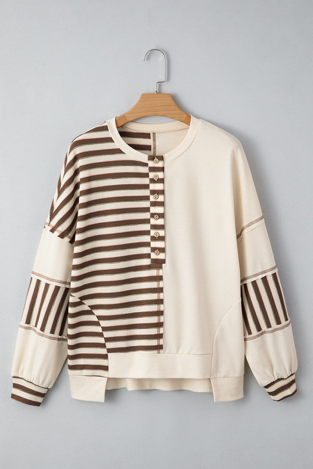 Khaki Striped Patchwork Oversized Pullover Top