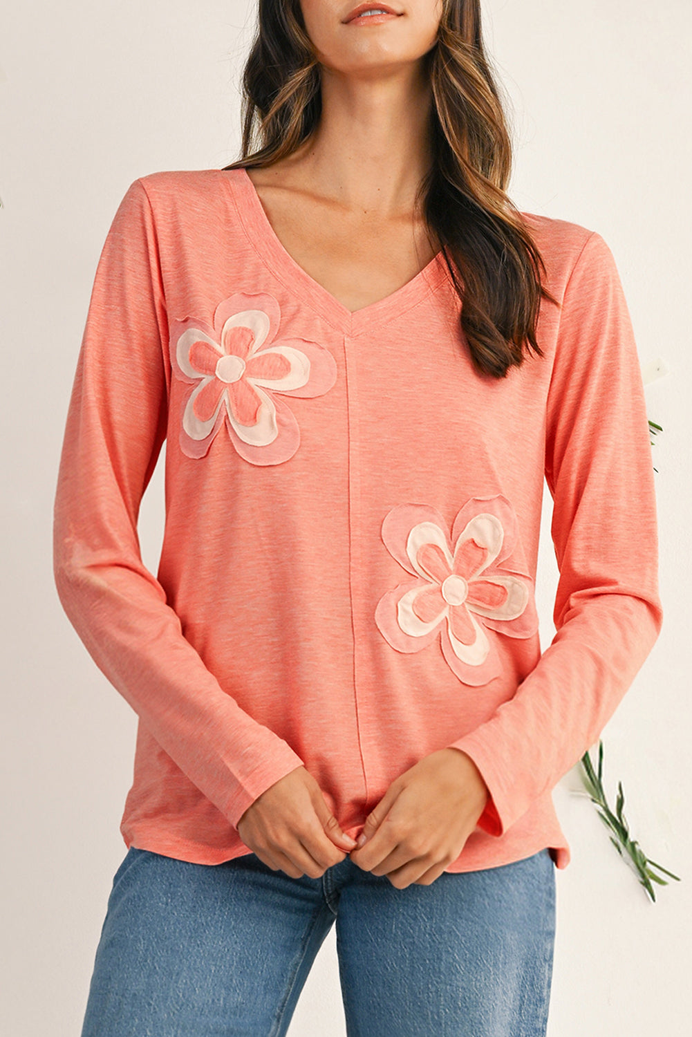 Fresh Salmon Floral Patched V Neck Long Sleeve Top