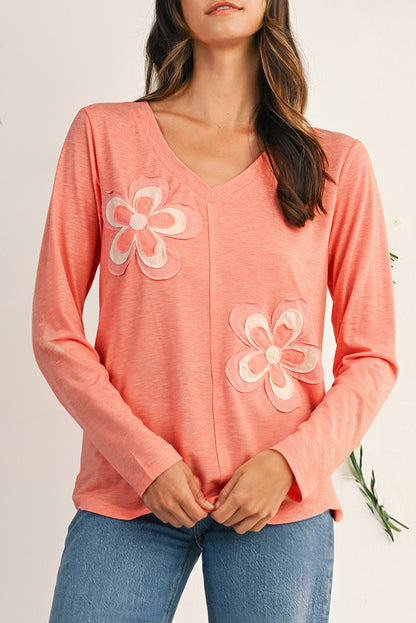 Fresh Salmon Floral Patched V Neck Long Sleeve Top