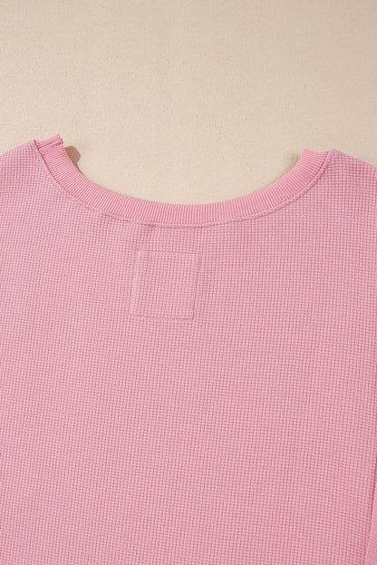 Pink Waffle Bishop Sleeve Split Oversized Sweatshirt